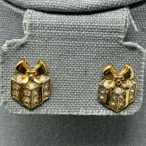 Vintage Avon Small Gold Tone 3D Present Stud Earrings with Rhinestones